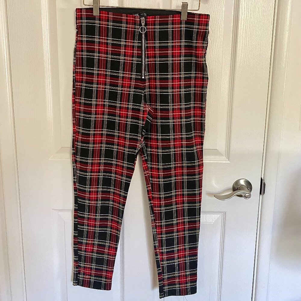 Red and Black Tartan Plaid Slim Leg Pant with Silver Zipper and Pull